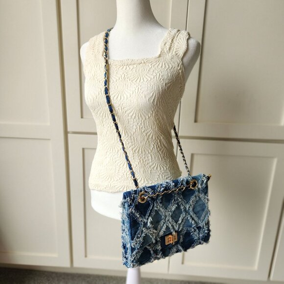 M. Marco MKP Quilted Distressed Denim Jean Handbag Crossbody Gold Chain Y2K 90s - Picture 2 of 12